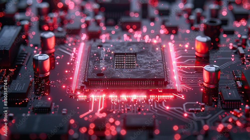 Poster an advanced gpu ram microchip or cpu on a powerful computer board for artificial intelligence techno
