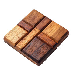 A square wooden coaster puzzle with interlocking pieces in various shades of brown. Ideal for a rustic or modern decor setting.