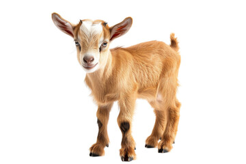 Adorable baby goat with cute expressions standing on white background, perfect for farm animal .