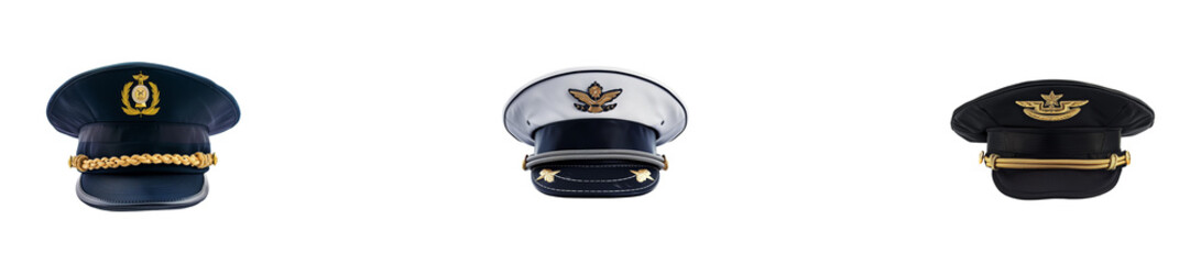 set of elegant navy ship captain hats, high-ranking army general hats, and police officer security guard caps in various colors, isolated on white PNG transparent background