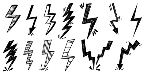 Hand drawn doodle thunderstorm lightning spark voltage electric shock scribble.