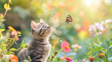 A curious kitten sits in a lush garden, its eyes fixed on a butterfly flitting through the vibrant flowers. The sun shines brightly on the scene, creating a warm and inviting atmosphere.