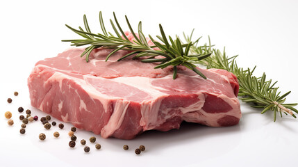 Fototapeta premium Fresh Raw Beef Steak on White Background with Rosemary and Peppercorns
