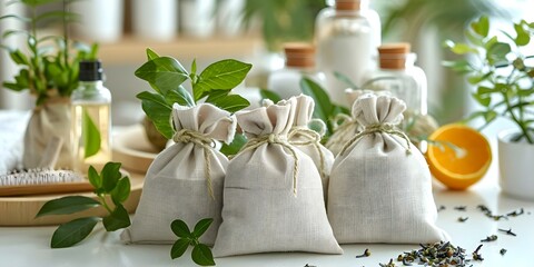 Spa center with herbal bags and beauty treatment items in a white room. Concept Spa Center, Herbal Bags, Beauty Treatment, White Room, Relaxation