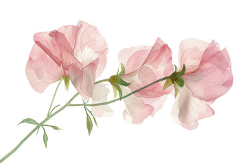 Delicate pink flowers on a green stem, isolated on transparent background, showcasing their soft petals and subtle beauty.