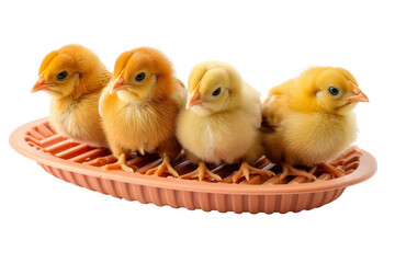 Fototapeta premium Four adorable yellow chicks sitting in an orange plastic container, displaying their fluffy feathers and curious expressions against a white background.