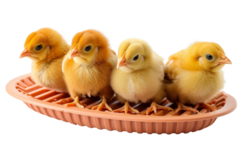 Four adorable yellow chicks sitting in an orange plastic container, displaying their fluffy feathers and curious expressions against a white background.