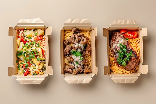 top view food in cartons isolated on beige background, food delivery concept 