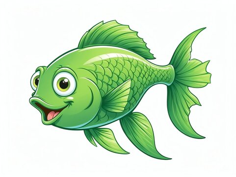 happy green fish cartoon clipart on plain white background