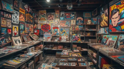 Collector's Paradise Vintage Comic Book Store with Rare Memorabilia and Business Card Display