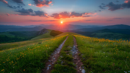 Fototapeta premium A nature hill during sunset, the sky ablaze with colors, and the grass casting long shadows