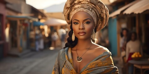 Stylish African woman confidently strolls through city streets turning heads with elegance. Concept Fashion, Confidence, African Woman, City Streets, Elegance