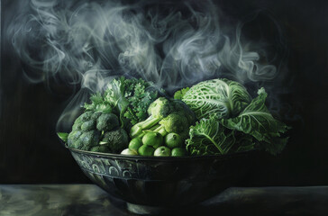 Obraz premium A bowl of vegetables is sitting on a table with steam rising from it by AI generated image