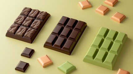 Assorted chocolate bars and pieces in various flavors and colors, arranged on a pastel backdrop, perfect for confectionery and dessert themes.