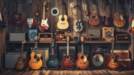 Naklejka premium Vintage Guitar Shop Classic Instruments Amplifiers and Vinyl Records for Sale