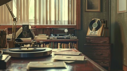 Obraz premium Vintage Vinyl Haven Turntable Headphones and Blank Business Cards in a Cozy Listening Room