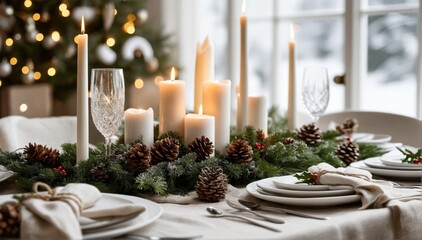 Elegant setting of the Christmas table with festive decorations in the Scandinavian style. White and green tones and natural materials in the decor. Celebrating Christmas.