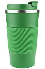 Green thermo cup isolated on a transparent background. Completely in focus.