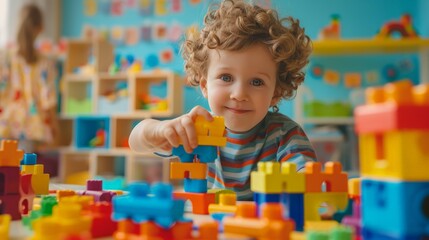 A young boy is playing with a large pile of colorful blocks. He is smiling and he is enjoying himself