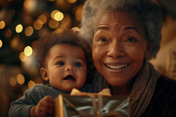 Grandmother and grandchild smiling at a family celebration. Elderly woman laughing as a baby opens a present. 