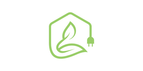 logo design combination of house, leaves and plugs, energy, green house, electricity. logo design template, icon, symbol, creative, idea.