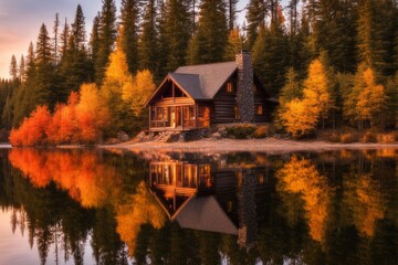 Obraz premium Tranquil cabin by the lake, surrounded by vibrant autumn colors. A picturesque autumn landscape.