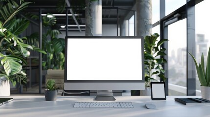 A computer monitor sits on a desk in a room with a potted plant and a lamp