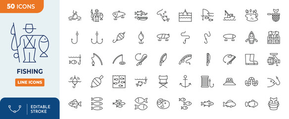 Fishing Line Editable Icons set. Contain icons related to fishing, bait, fishing rod, fish, fishing float, fishing hook, and more. Editable stroke. Vector illustration	
