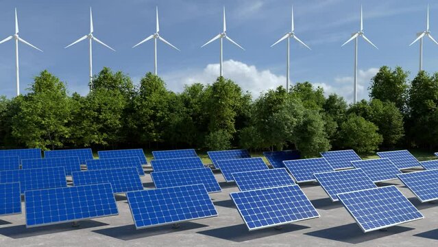 Wind turbines and solar farms, Solar panels, Green alternative energy, Net zero emissions concept