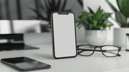 A white phone sits on a desk next to a potted plant. The phone is turned off and the screen is blank. The scene is simple and minimalistic, with the focus on the phone and the plant