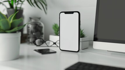 A white phone sits on a desk next to a potted plant. The phone is turned off and the screen is blank. The scene is simple and minimalistic, with the focus on the phone and the plant
