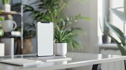 A white phone sits on a desk next to a potted plant. The phone is turned off and the screen is blank. The scene is simple and minimalistic, with the focus on the phone and the plant