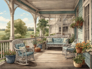Obraz premium veranda illustration, vintage veranda illustration, old, vintage