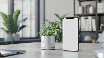 A white phone sits on a desk next to a potted plant. The phone is turned off and the screen is blank. The scene is simple and minimalistic, with the focus on the phone and the plant