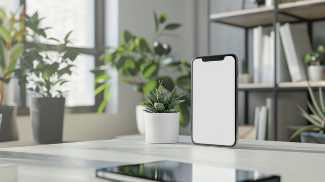 A white phone sits on a desk next to a potted plant. The phone is turned off and the screen is blank. The scene is simple and minimalistic, with the focus on the phone and the plant
