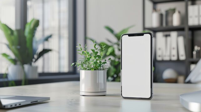 A white phone sits on a desk next to a potted plant. The phone is turned off and the screen is blank. The scene is simple and minimalistic, with the focus on the phone and the plant