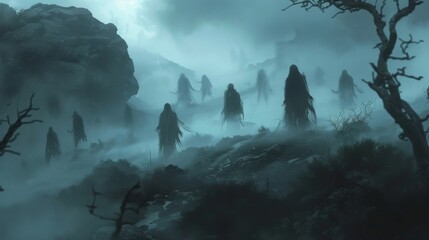Fototapeta premium As the fog thickens the ghostly procession becomes more pronounced the faint whispers of the dead growing louder with each step they take