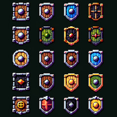 A sprite sheet of pixel art icons for RPG game wooden shields
