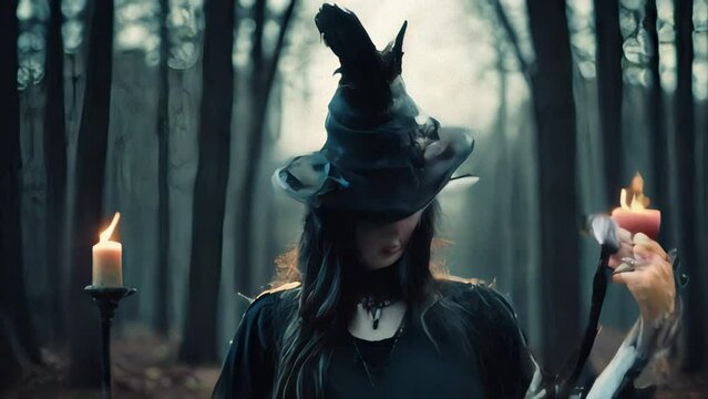 A witch in a black hat and a gloomy outfit stands in the forest against the backdrop of bare trees in dim lighting.
Concept: Halloween themed events