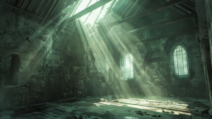 The ethereal light filtering through the dilapidated roof casting a mystical aura upon the dusty floors and decaying walls