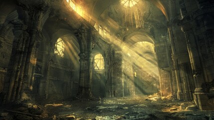 Naklejka premium The eerie ethereal light shining through the jagged holes of the ruins giving off an otherworldly presence in the abandoned space