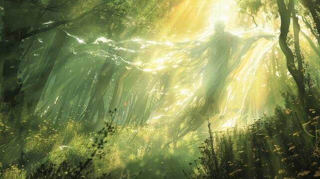 Like a creature from a dream a translucent figure danced in the sunlit glade. Its flowing form glowed with an otherworldly radiance as if it were a mere reflection of the suns powerfu