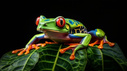 Naklejka premium A vibrant red-eyed tree frog perched on a leaf, its camouflage disrupted by its striking eyes.