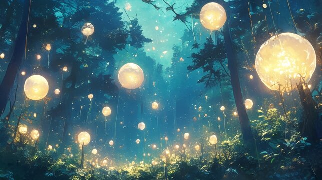 Soft glowing orbs of light floating a the trees as if the forest is alive with its own illumination