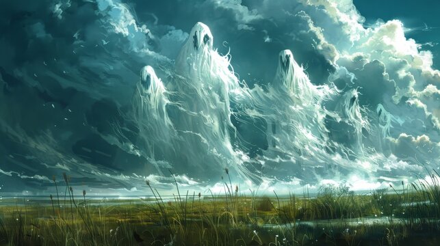 As the storm passed the clouds began to dissipate but the ghostly faces within lingered on their mournful gazes watching over the land with an air of melancholy