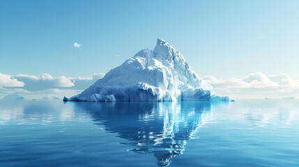 A large piece of iceberg floating in the ocean reflected in calm sea water with clouds in background