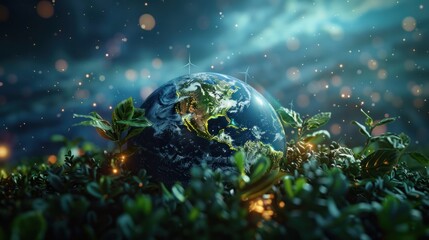 A digital rendering of Earth with green energy symbols like wind turbines and solar panels, a green planet, a dynamic composition, and a copy area