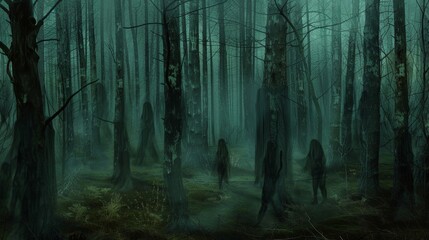 Obraz premium In the depths of the haunted forest the trees seemed to come alive with the haunting whispers and cries of spectral animals. Shadowy figures darted between the trunks their ghostl