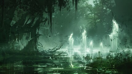 As the mist rolls across the swamp ghostly forms can be seen hovering just above the waters surface their ghostly white forms seemingly floating along with the fog