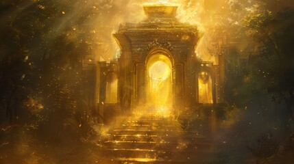 Fototapeta premium The ethereal glow emanating from the temple seemed to far transcend the dim light of sunbeams as if celestial entities were dancing within its walls